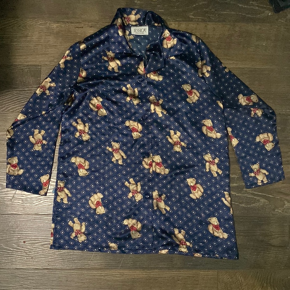 Dark Blue Satin pyjamas with teddy bears all over them